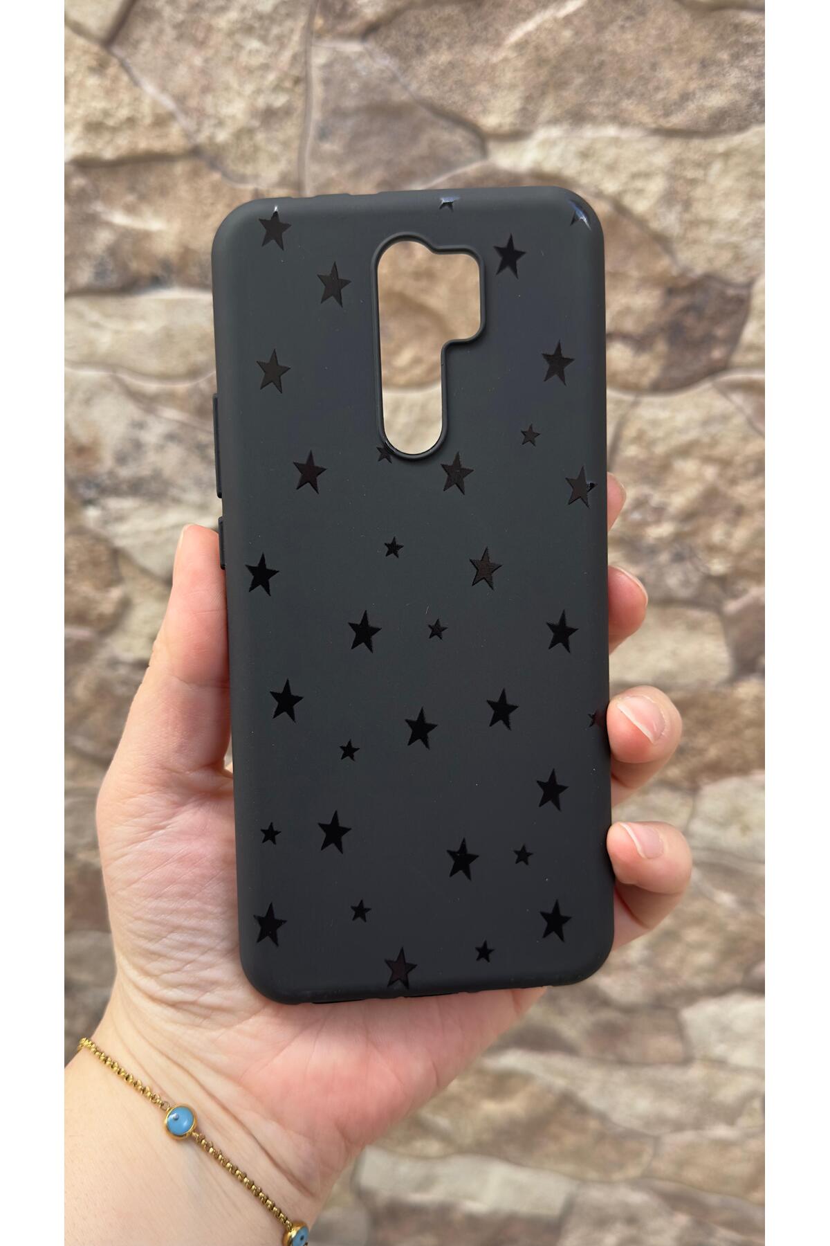 Redmi Note 8 Pro Uyumlu Mini Siyah Yıldız Desenli Silikon Darbe Emici Klasik Korumalı Rubber Kılıf