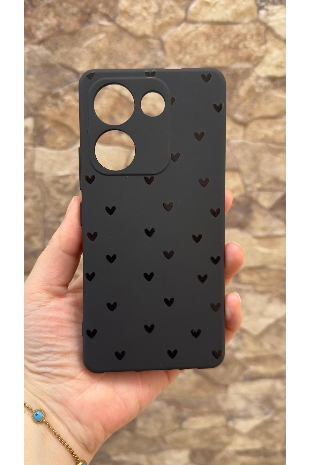 TECNO CAMON 20 PRO Uyumlu Mini Siyah Kalp Desenli Silikon Darbe Emici Klasik Korumalı Rubber Kılıf