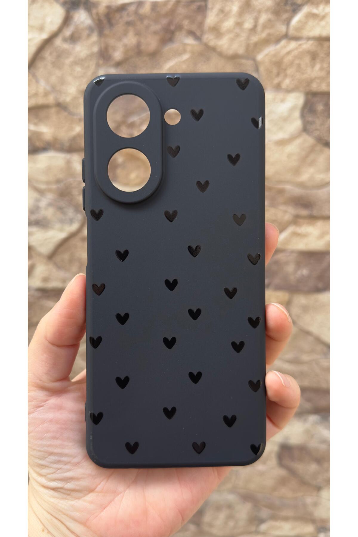 Redmi A5 Uyumlu Mini Siyah Kalp Desenli Silikon Darbe Emici Klasik Korumalı Rubber Kılıf