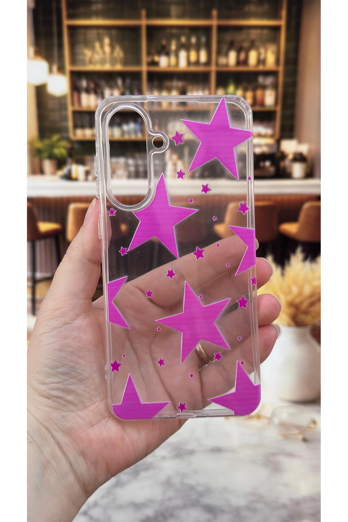 Samsung A36 Uyumlu Pembe Yıldız Desenli Şeffaf Darbe Emici Kamera Korumalı Clear Kılıf