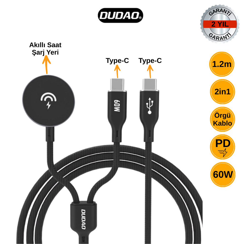 DUDAO A12MAXC Şarj Kablosu - 60W USB-C & Akıllı Saat Şarj Yeri (1.2m, Örgü, PD Destekli)
