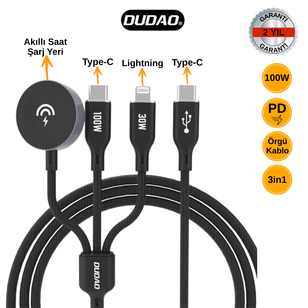 DUDAO A12MAX+ Çoklu Şarj Kablosu - 100W USB-C, Lightning (30W), Akıllı Saat Şarj Yeri, Örgü Kablo, PD Destekli