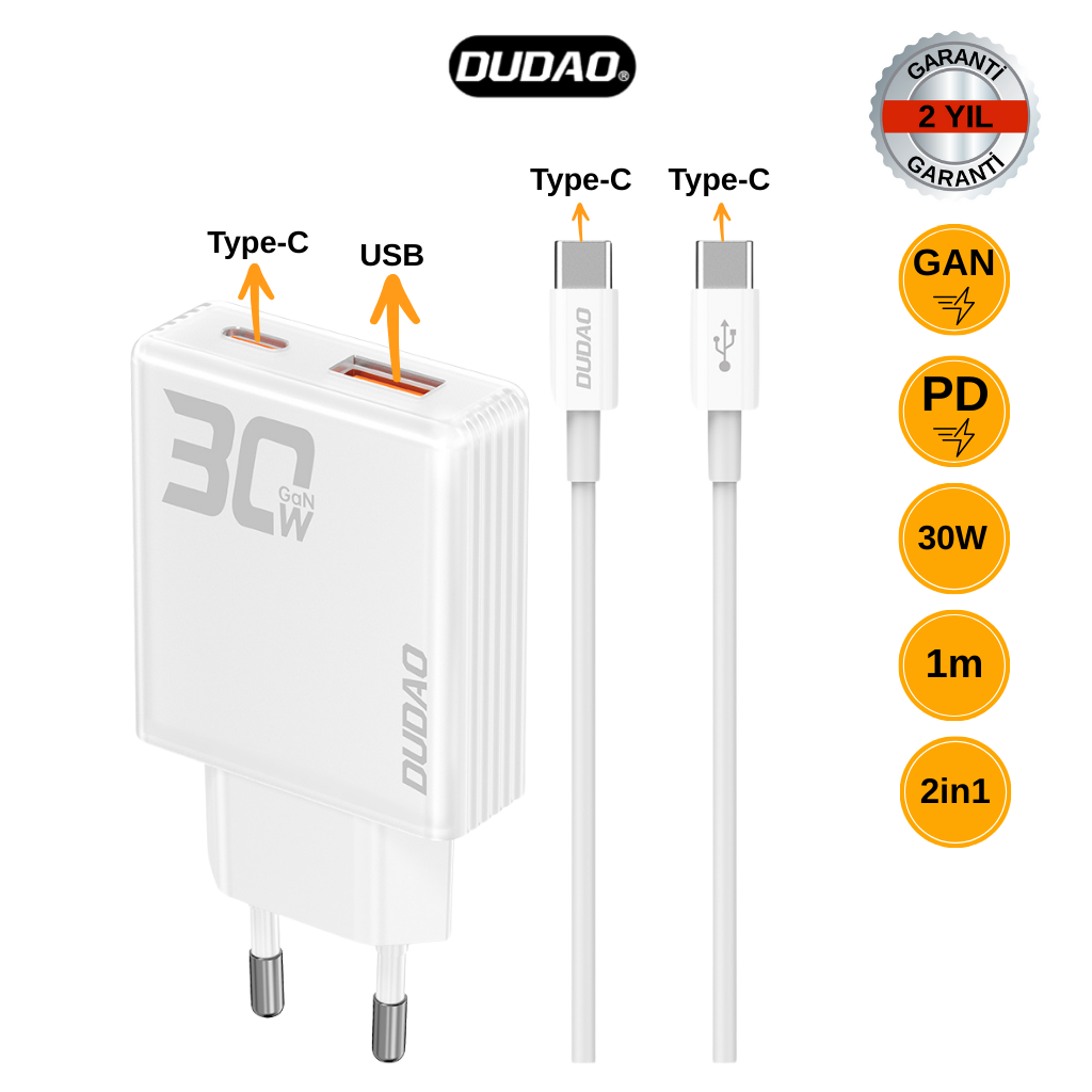 DUDAO A30EUCC 30W TYPE-C / TYPE-C Şarj Aleti Ve Yanında 1m USB-C'den USB-C Kablo