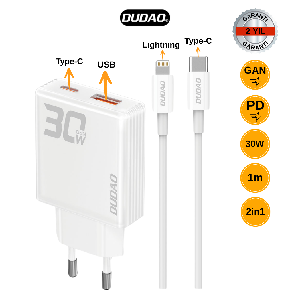 DUDAO A30EUCL 30W TYPE-C / Lightning Şarj Aleti Ve Yanında 1m USB-C den Lightning Kablo