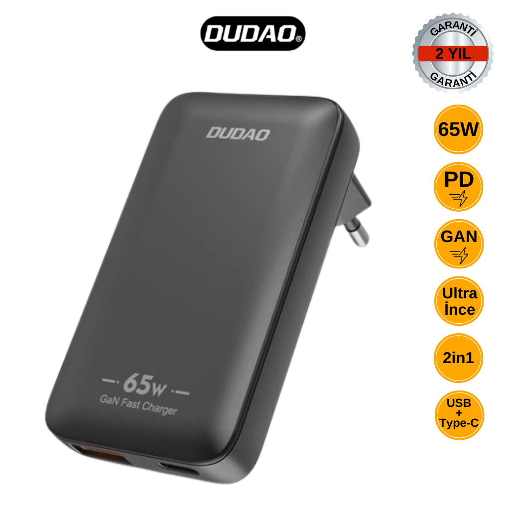 DUDAO A65Q 65W GaN Hızlı Şarj Aleti - USB & Type-C Çıkışlı, Ultra İnce, 2 Yıl Garantili