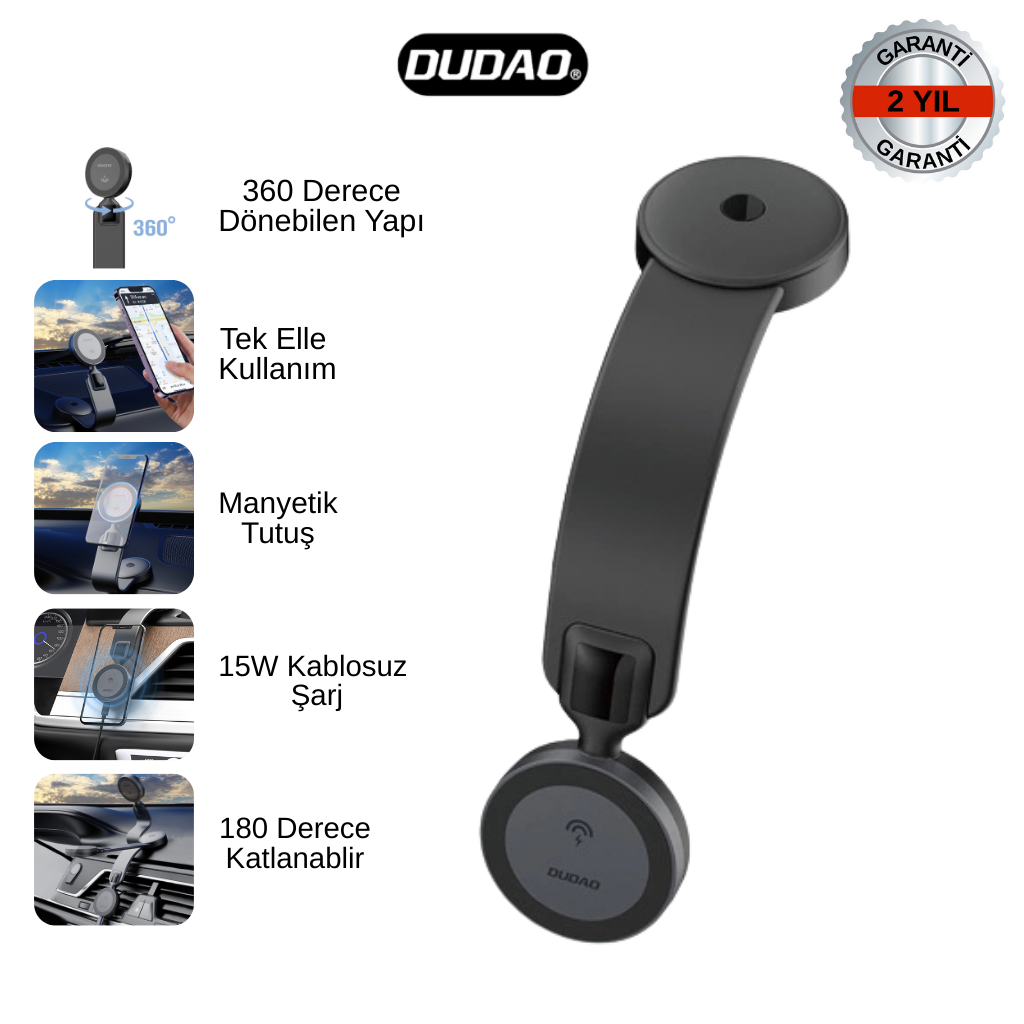 DUDAO F21 Pro 15W Manyetik Kablosuz Araç Şarj Aleti ve Telefon Tutucu (360° Döner, Tek Elle Kullanım, Katlanabilir)