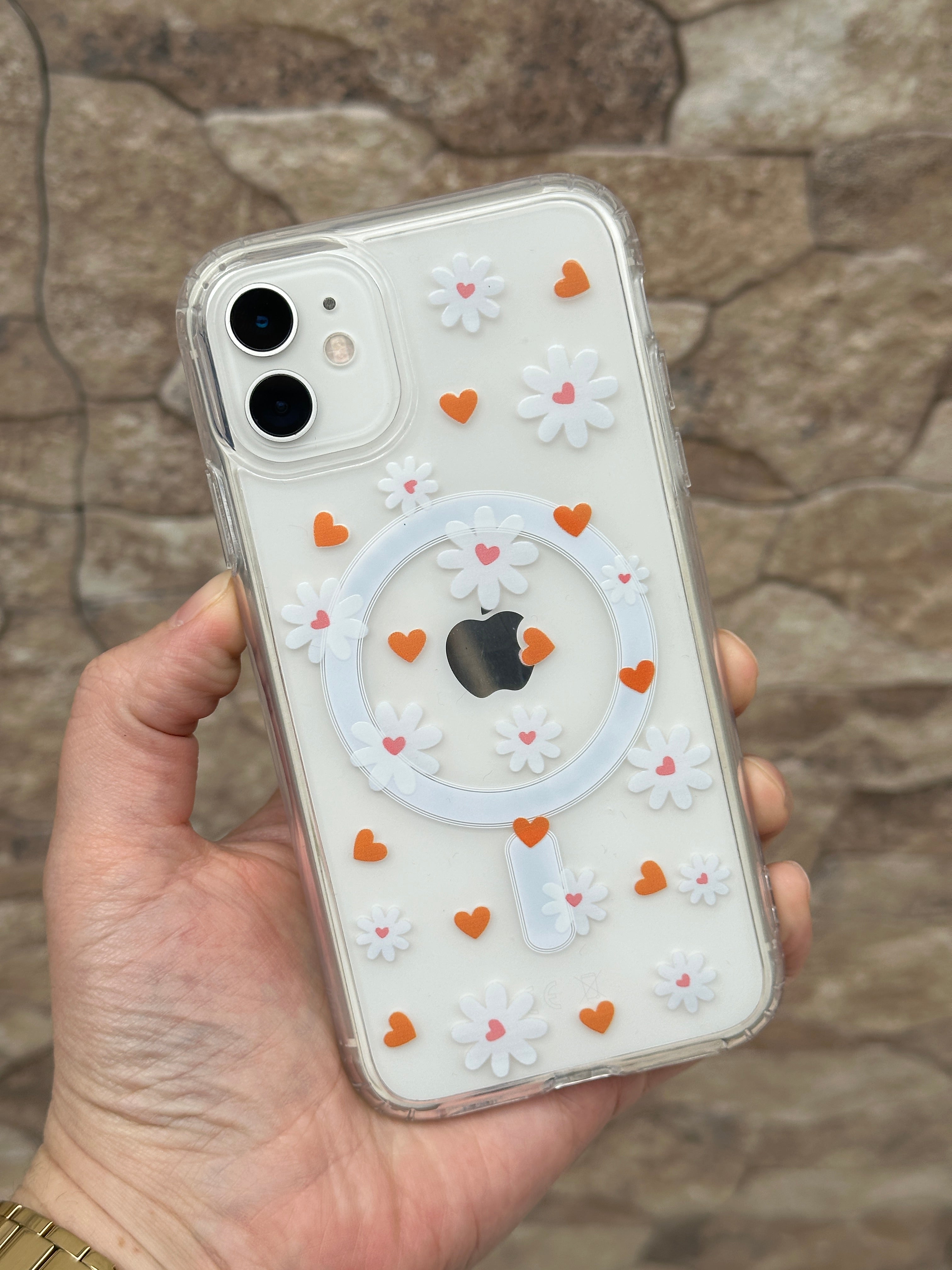 MagSafe Uyumlu Şeffaf Çiçekli Kalpli Daisy Kılıfı