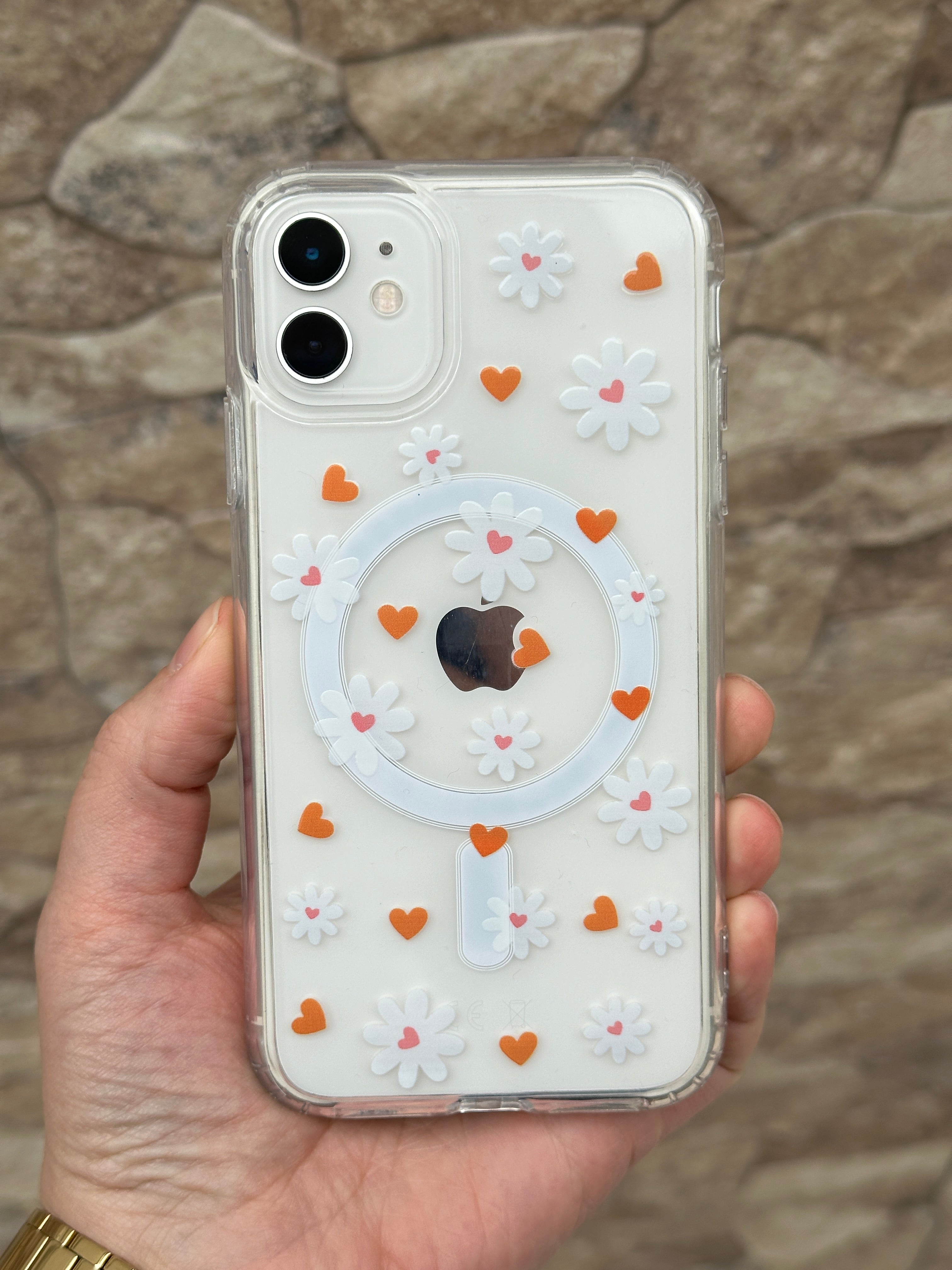 MagSafe Uyumlu Şeffaf Çiçekli Kalpli Daisy Kılıfı