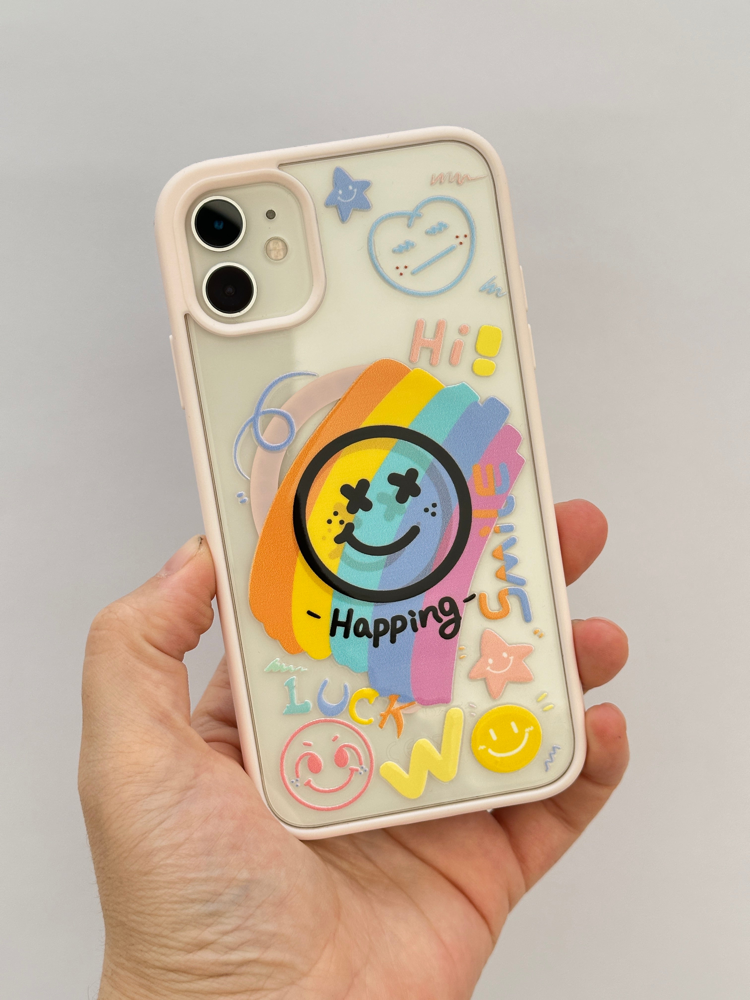 Renkli Gülen Yüz ve Eğlenceli Sticker Desenli Happening Smile Pembe Telefon Kılıfı