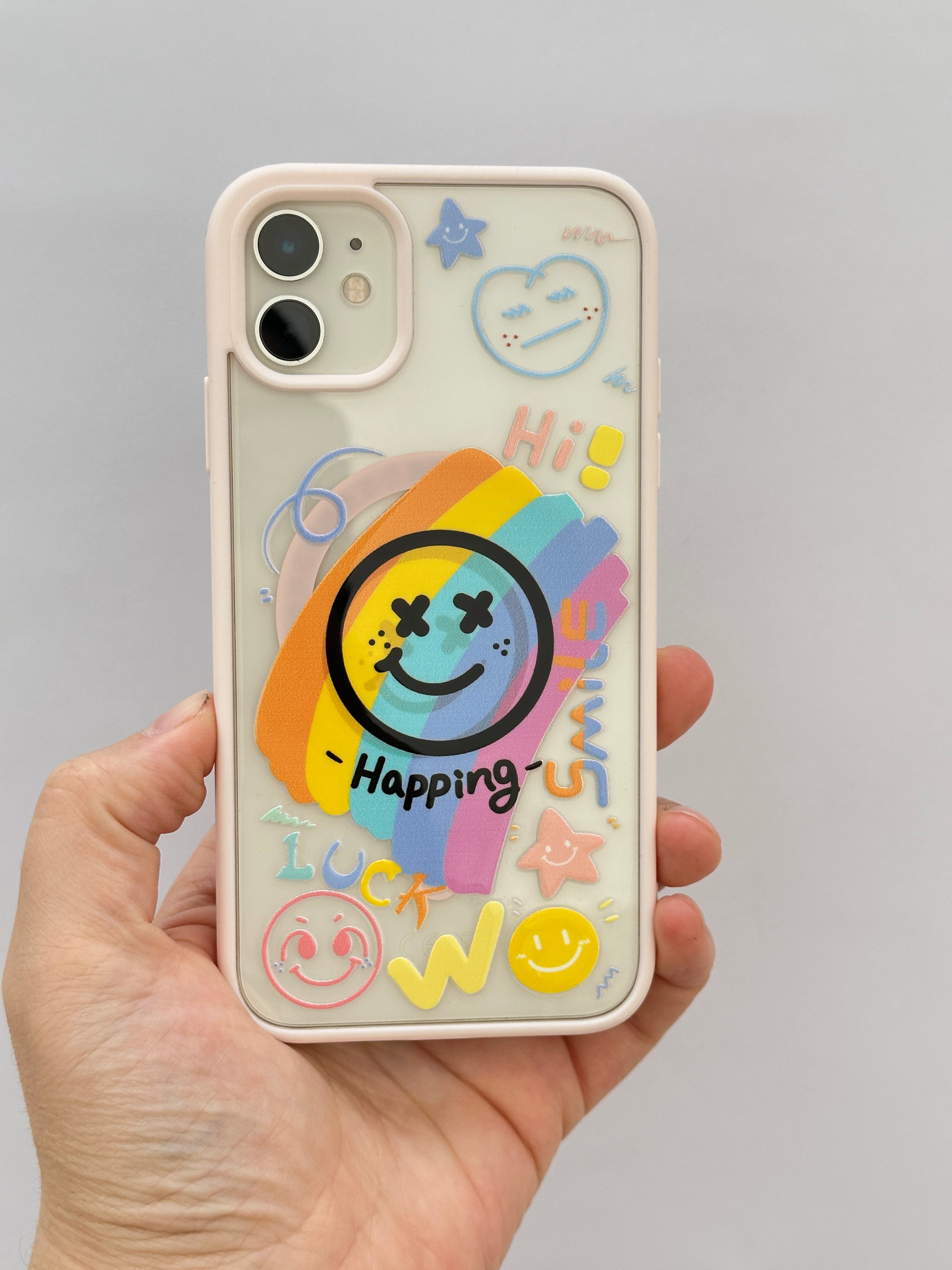Renkli Gülen Yüz ve Eğlenceli Sticker Desenli Happening Smile Pembe Telefon Kılıfı