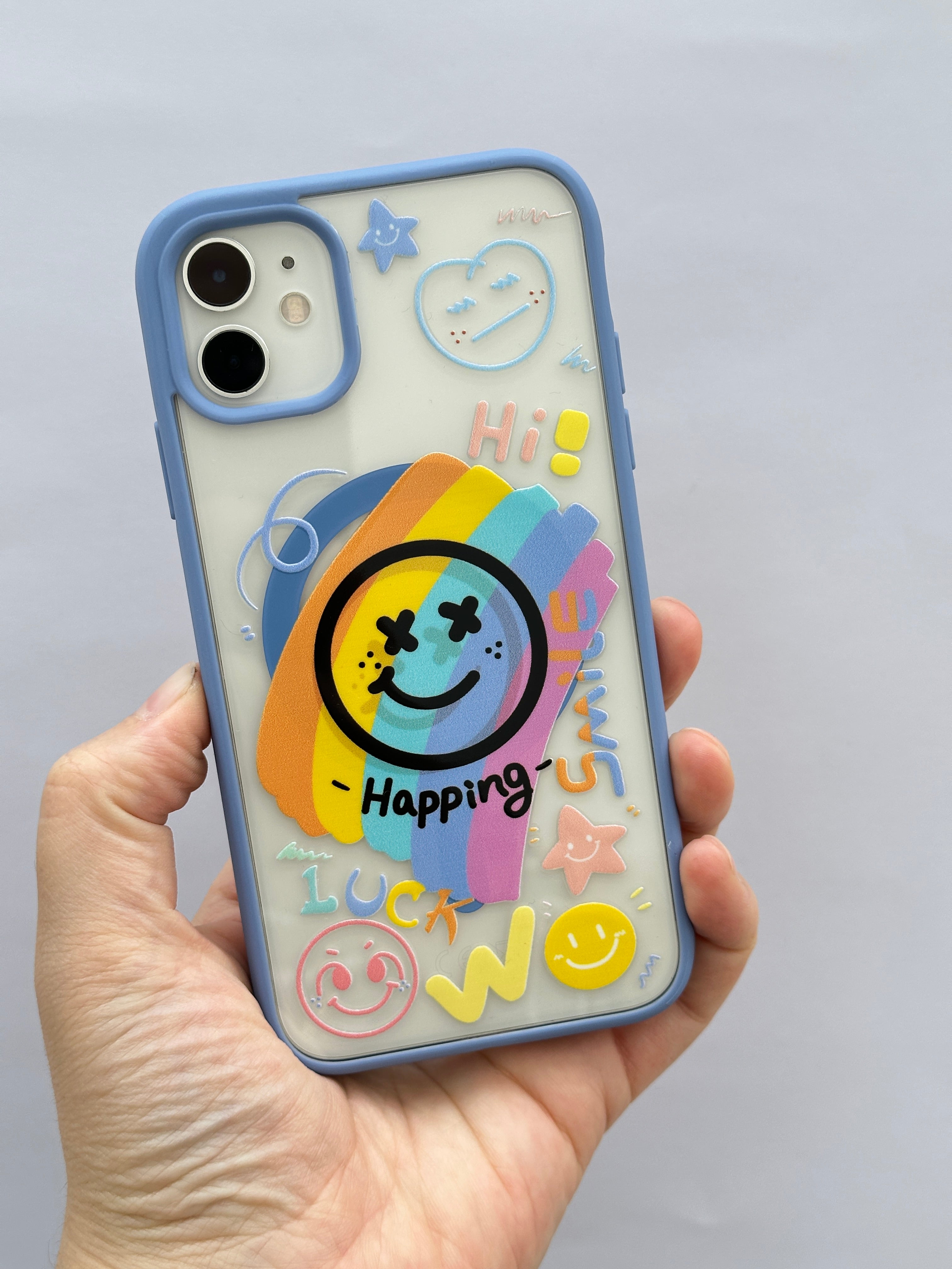 Renkli Gülen Yüz ve Eğlenceli Sticker Desenli Happening Smile Mavi Telefon Kılıfı