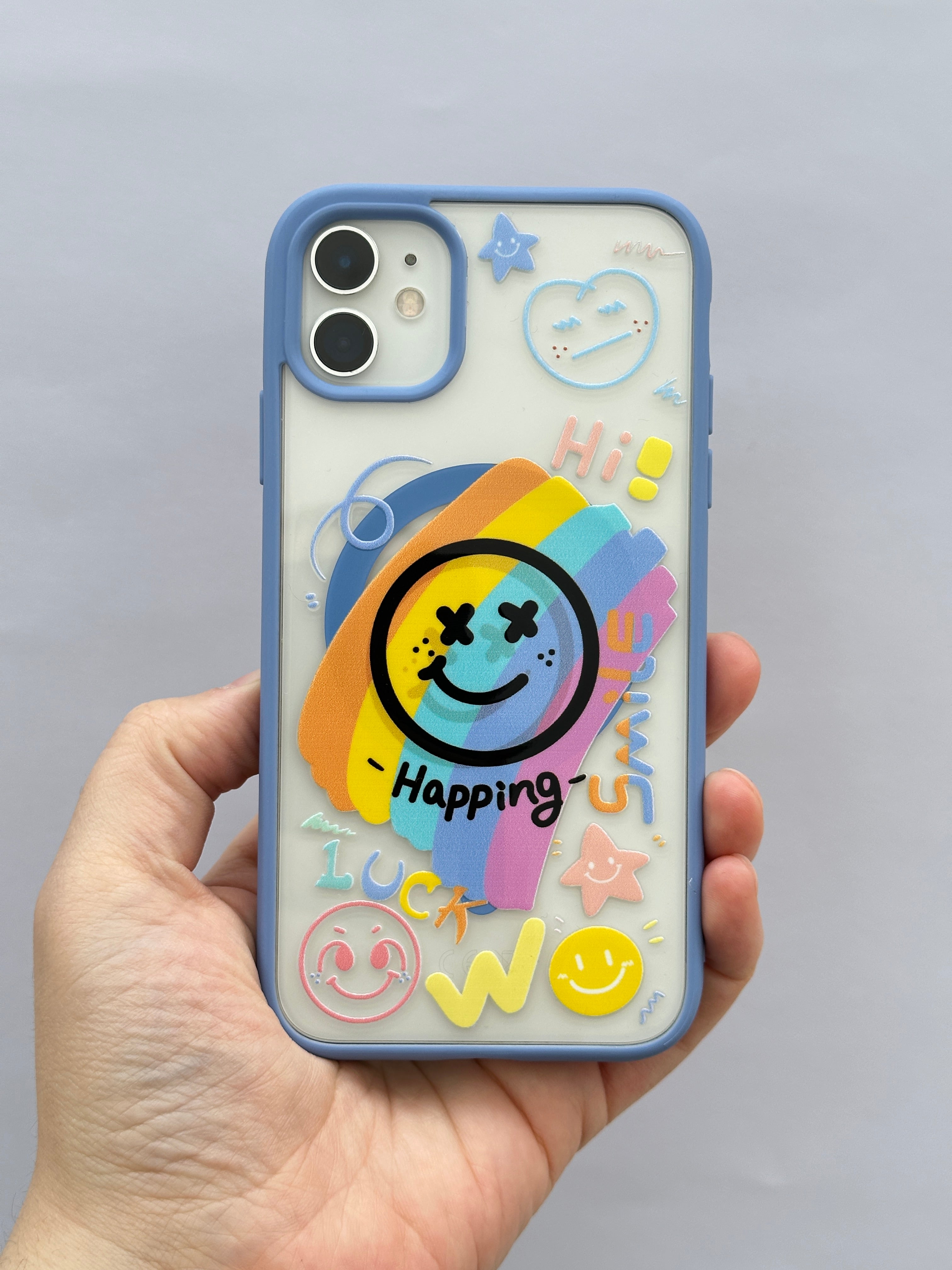 Renkli Gülen Yüz ve Eğlenceli Sticker Desenli Happening Smile Mavi Telefon Kılıfı