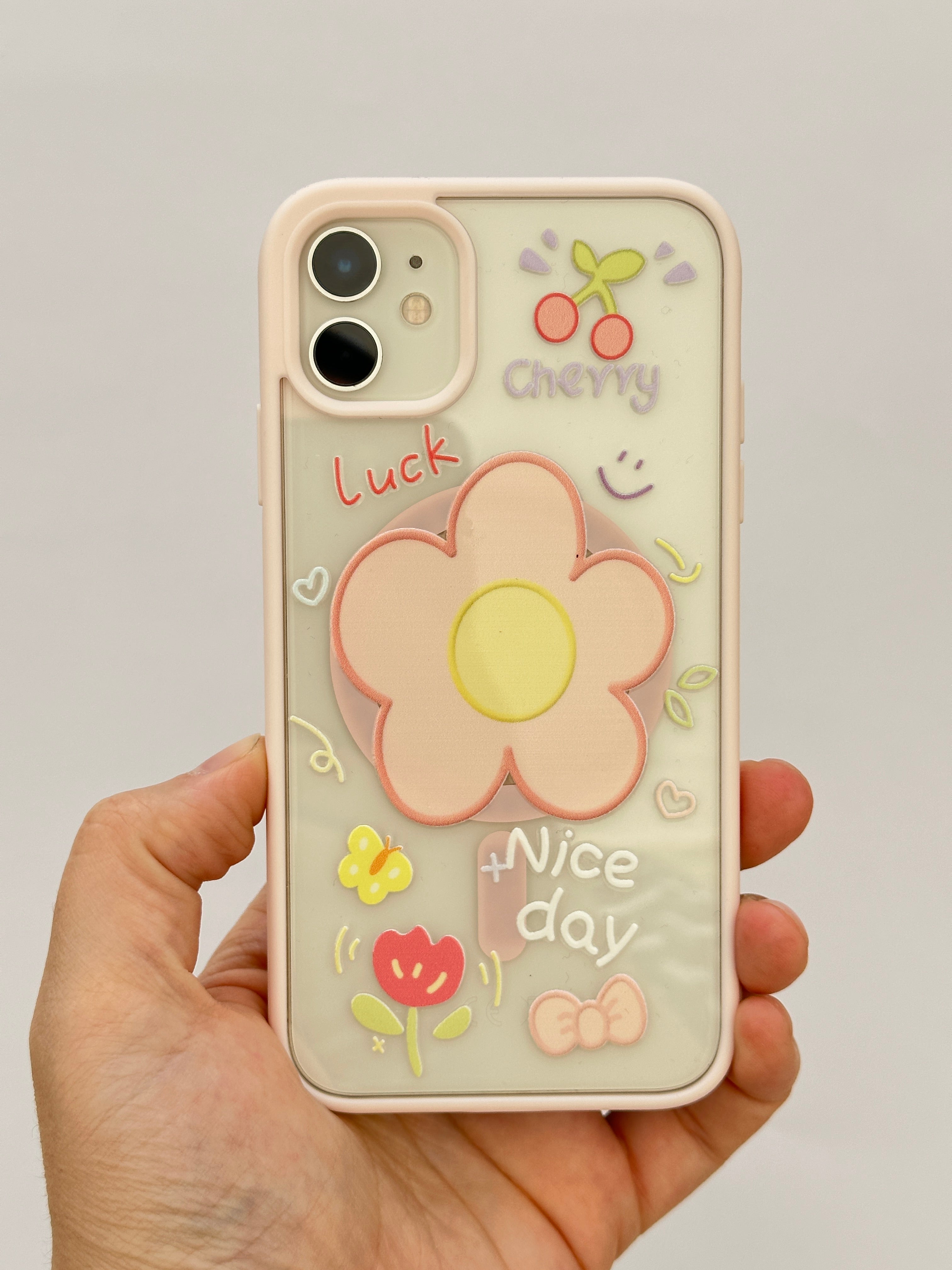 Pembe Papatya ve Kiraz Desenli Çiçek Temalı Telefon Kılıfı