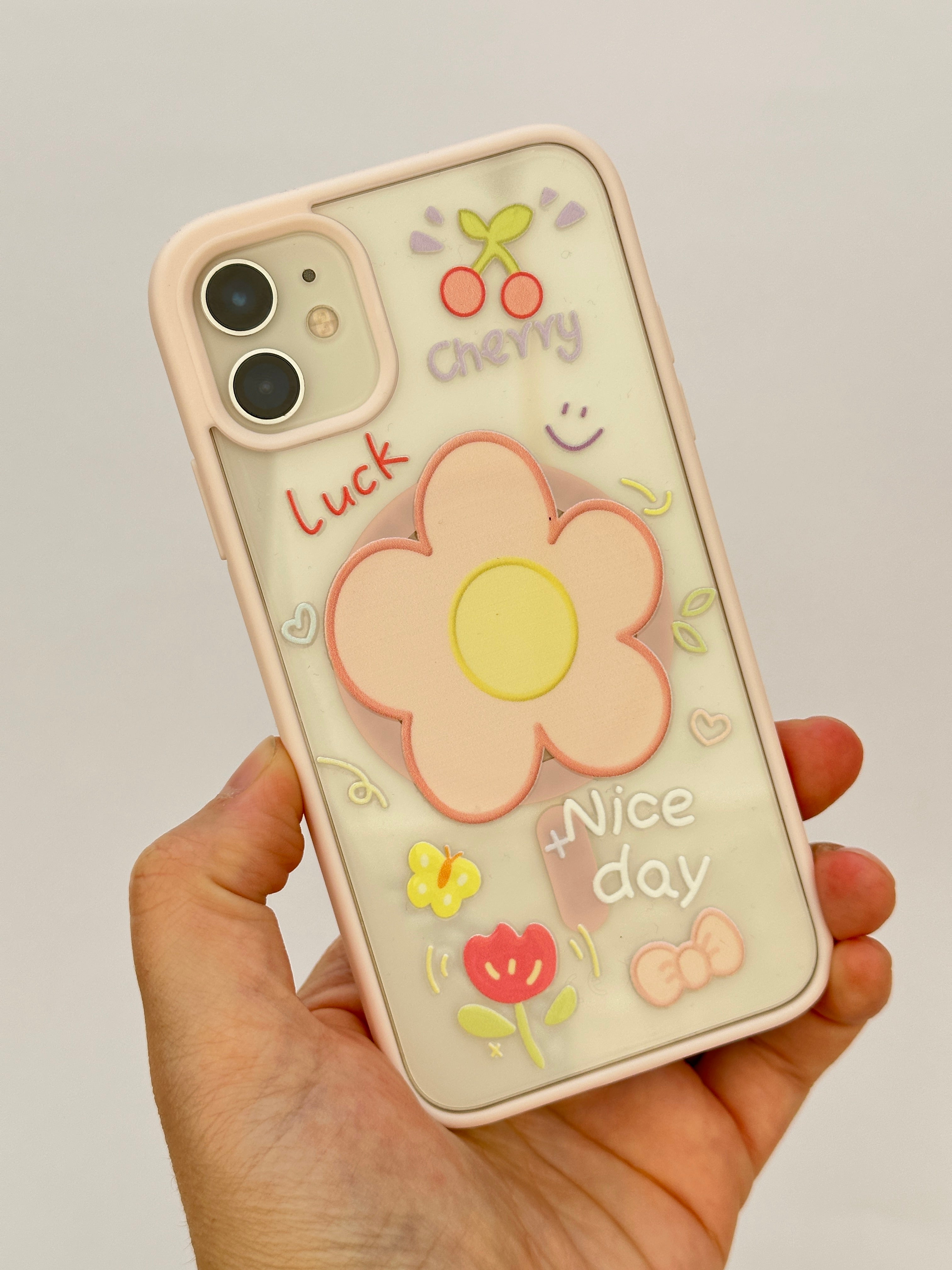 Pembe Papatya ve Kiraz Desenli Çiçek Temalı Telefon Kılıfı