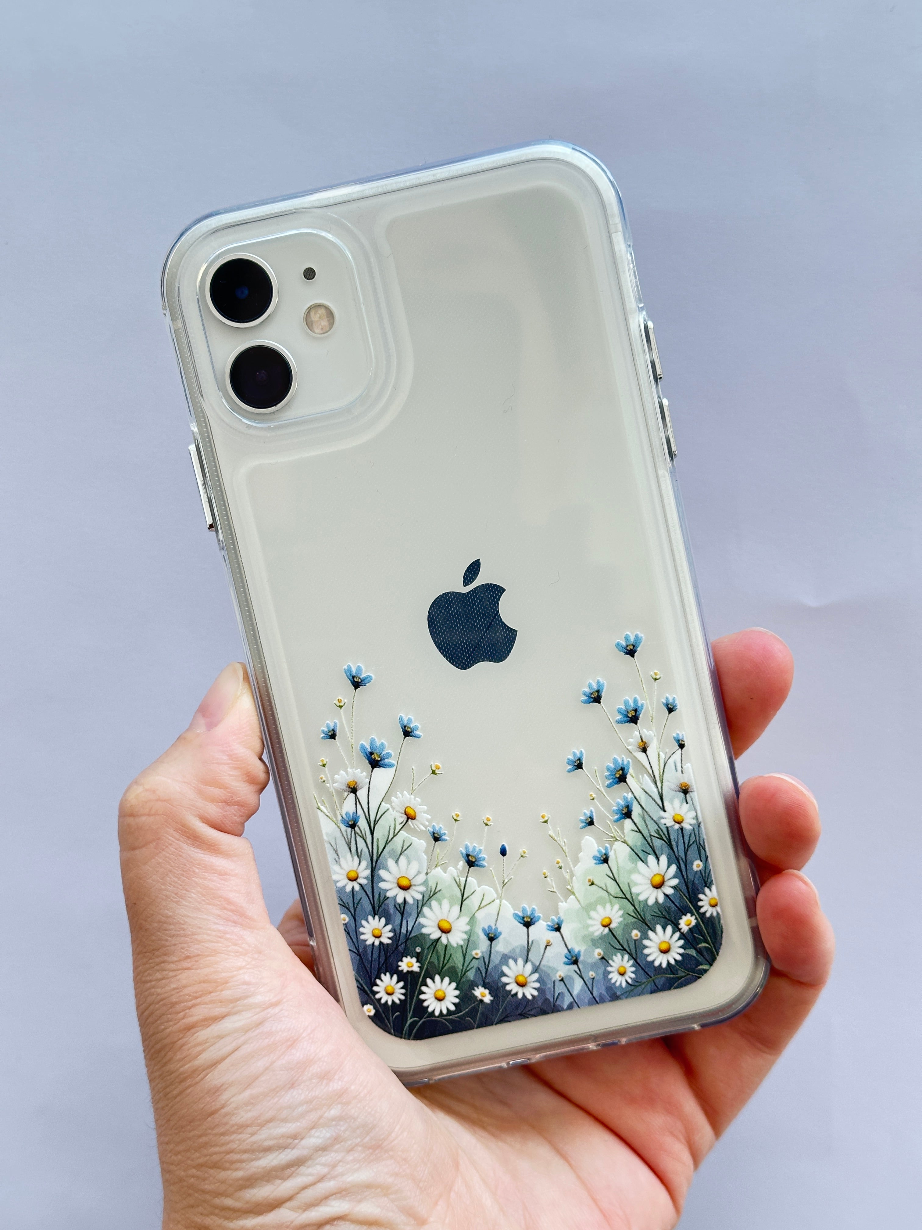 iPhone 11 Parlak Metal Tuşlu Beyaz Mavi Papatya Desenli Kılıf
