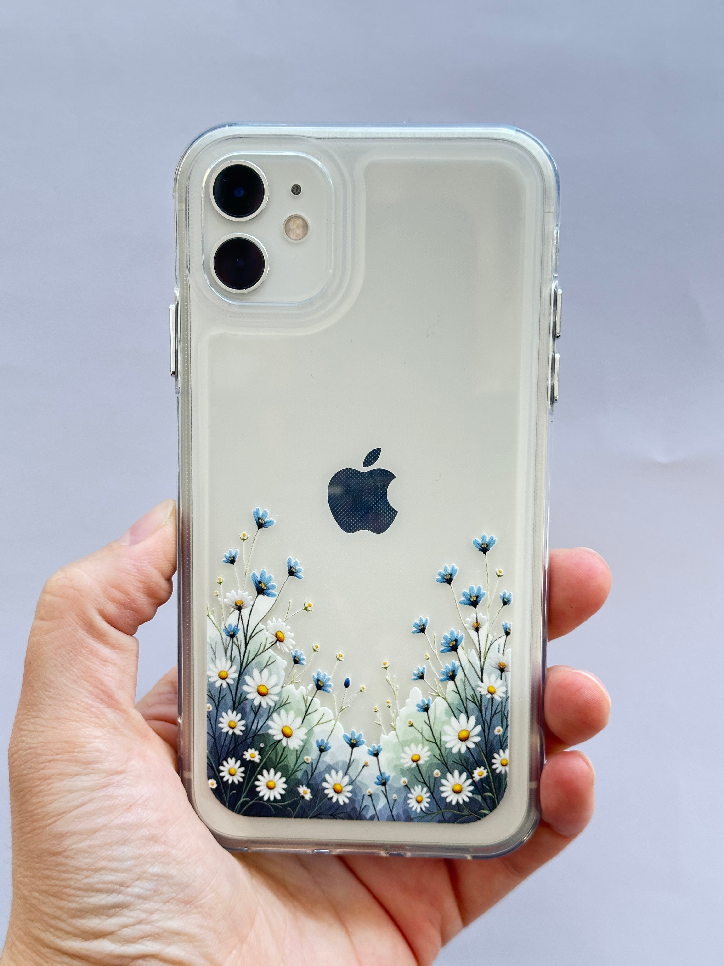 iPhone 11 Parlak Metal Tuşlu Beyaz Mavi Papatya Desenli Kılıf