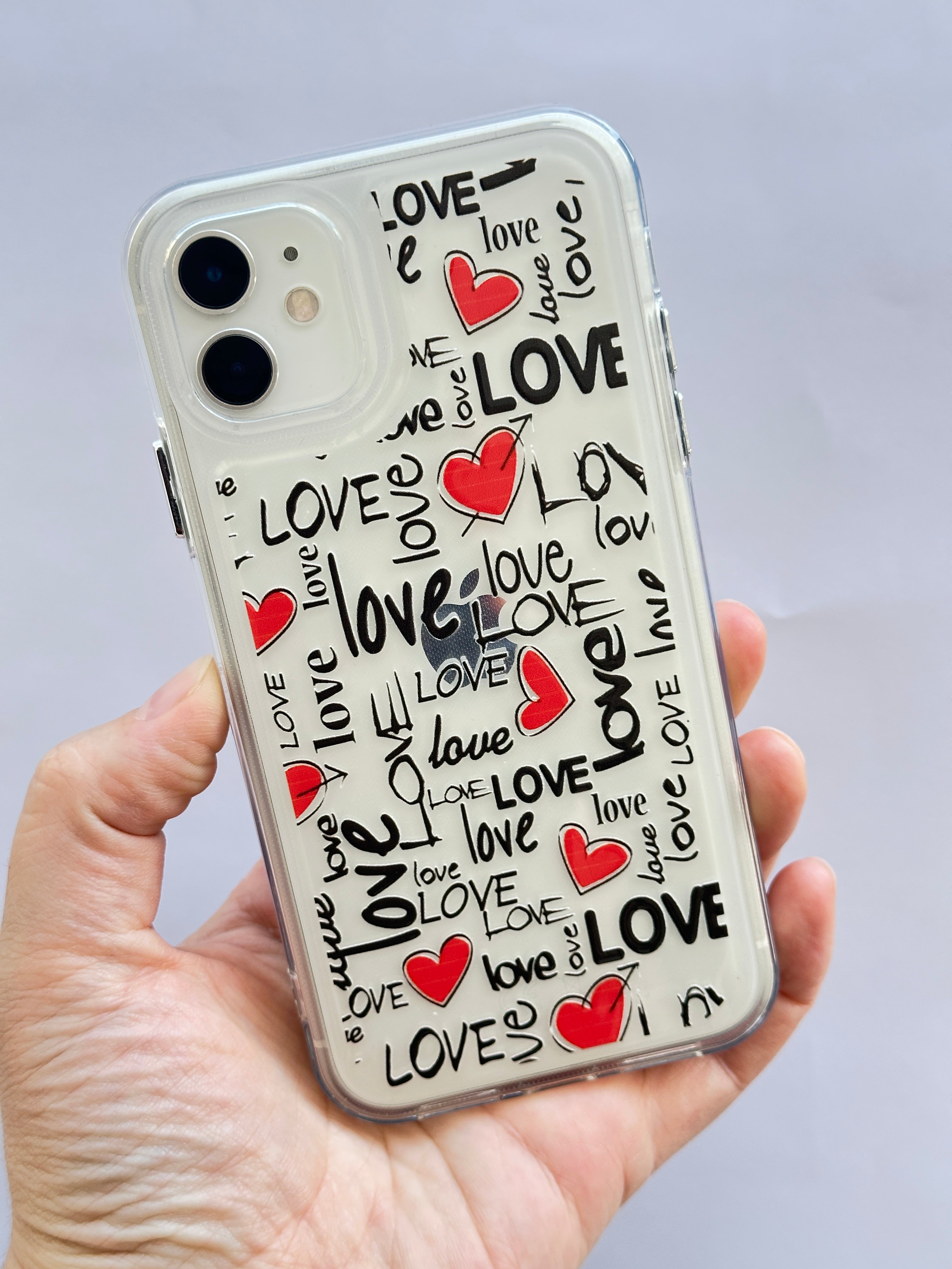iPhone 11 Metal Tuşlu Şeffaf Love Kalp Desenli Kılıf