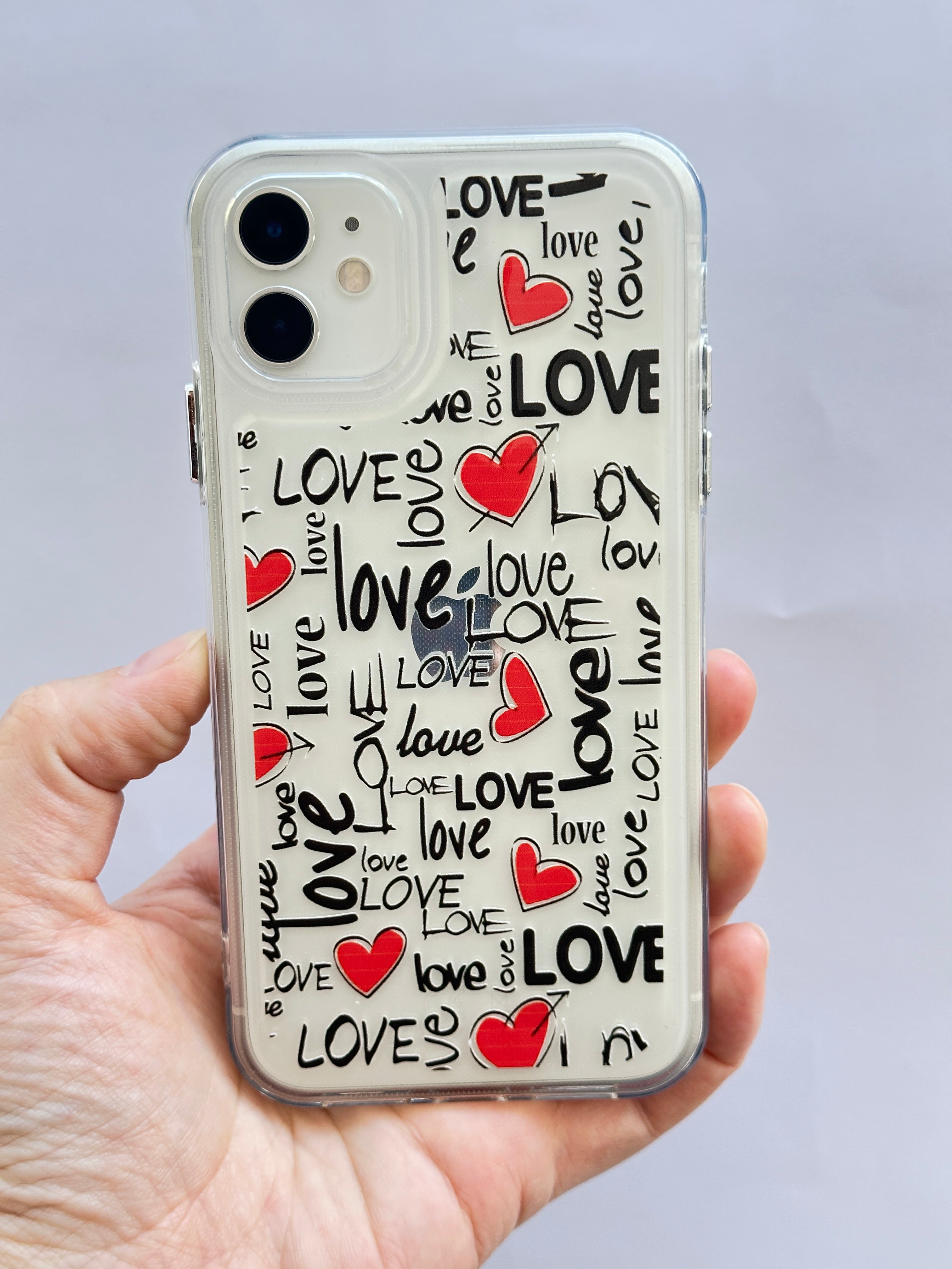 iPhone 11 Metal Tuşlu Şeffaf Love Kalp Desenli Kılıf