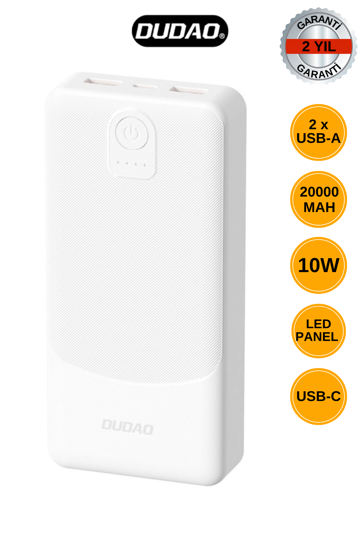 DUDAO K10PRO 20.000mAh Powerbank 10W Şarj Gücü 1x USB-C Giriş ve 2x USB Çıkış - Beyaz