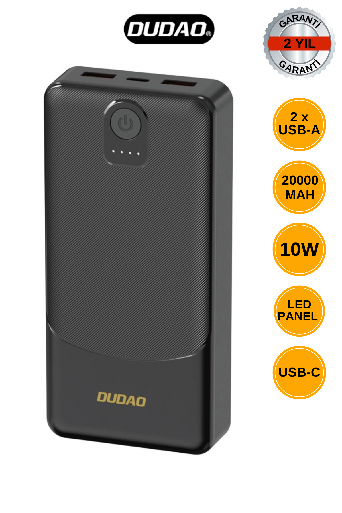 DUDAO K10PRO 20.000mAh Powerbank 10W Şarj Gücü 1x USB-C Giriş ve 2x USB Çıkış - Siyah