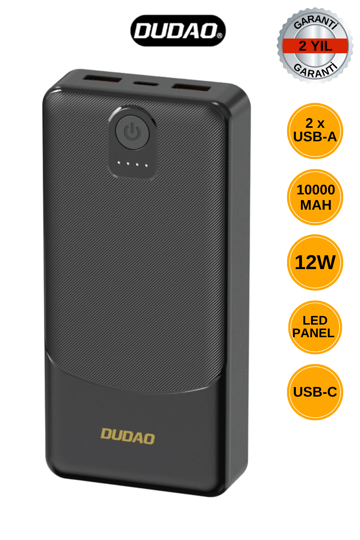 DUDAO K10 10.000 mAh Powerbank 12W 1x USB-C Giriş ve 2x USB Çıkış - Siyah