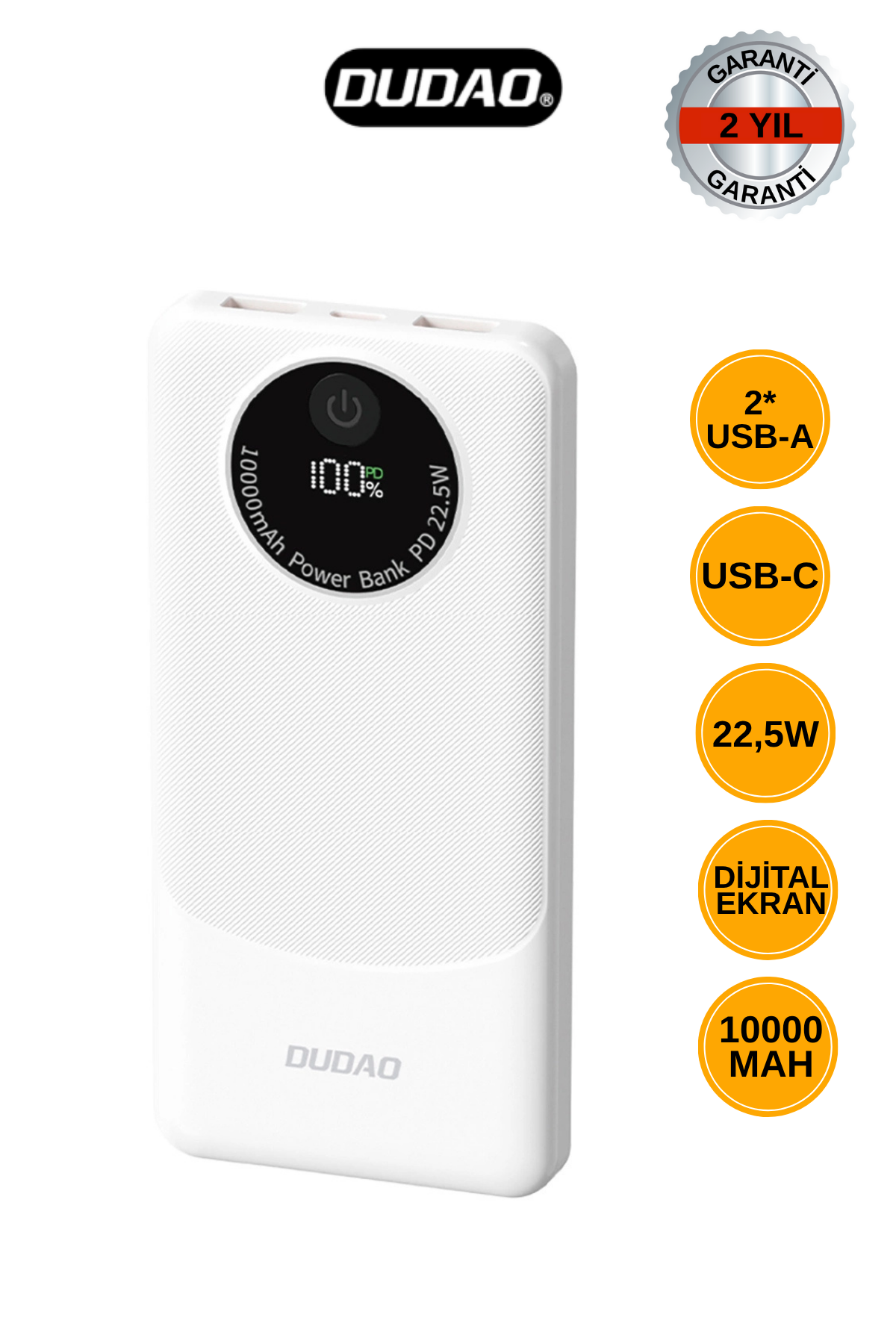 DUDAO K12 10.000 mAh Powerbank 22.5W Hızlı Şarj 2x USB Çıkış ve 1x USB-C Giriş - Beyaz