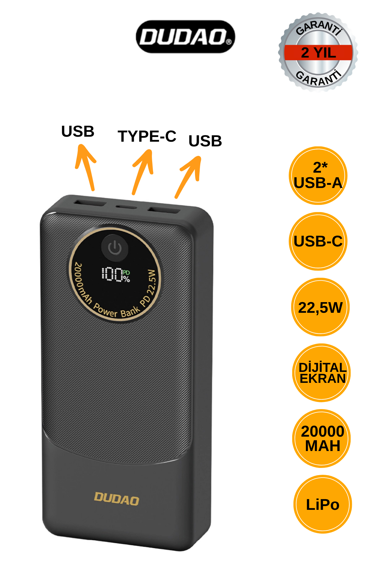DUDAO K12 PRO 20.00 mAh Powerbank 22.5W Hızlı Şarj 2x USB Çıkış ve 1x USB-C Giriş - Siyah
