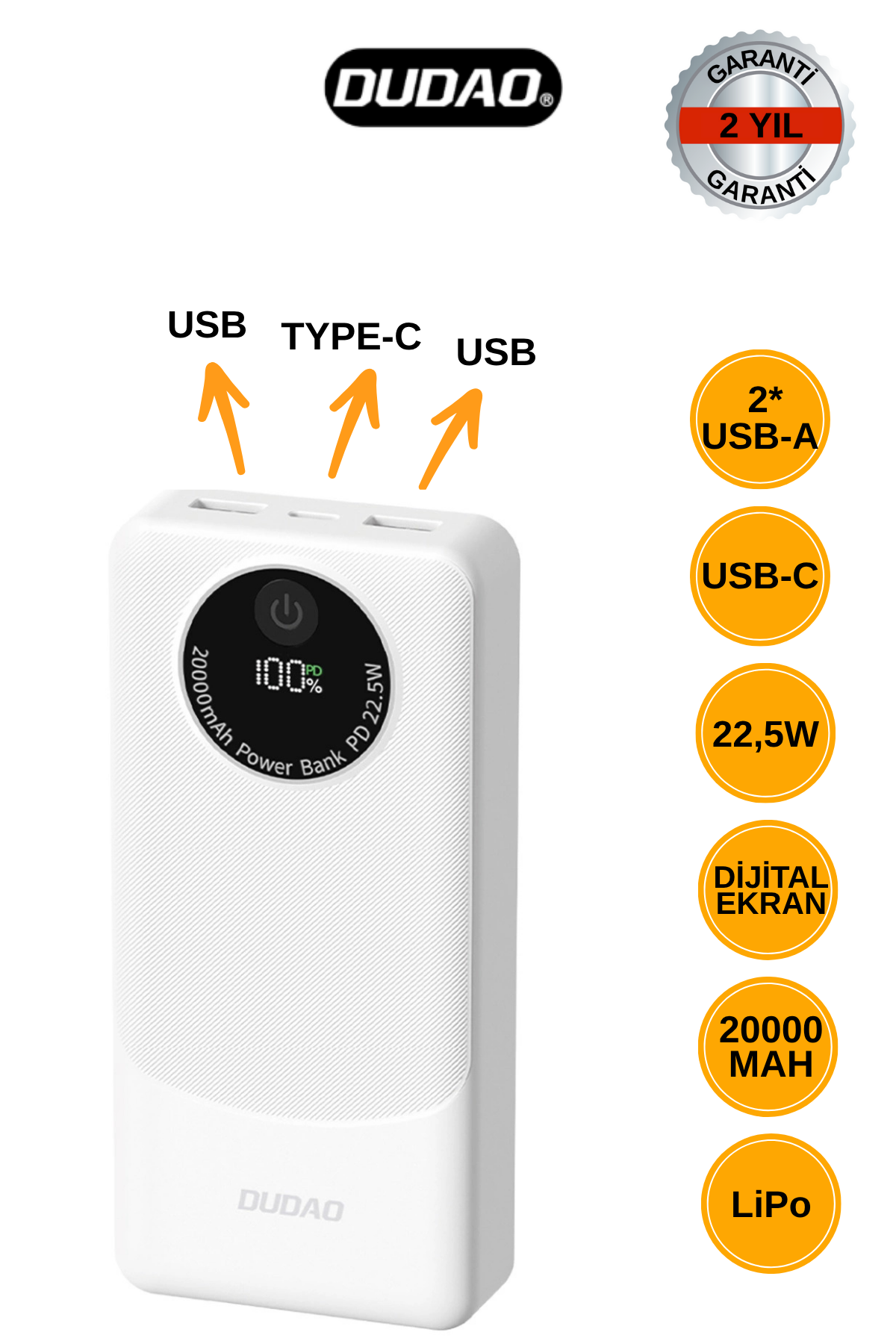 DUDAO K12 PRO 20.00 mAh Powerbank 22.5W Hızlı Şarj 2x USB Çıkış ve 1x USB-C Giriş - Beyaz