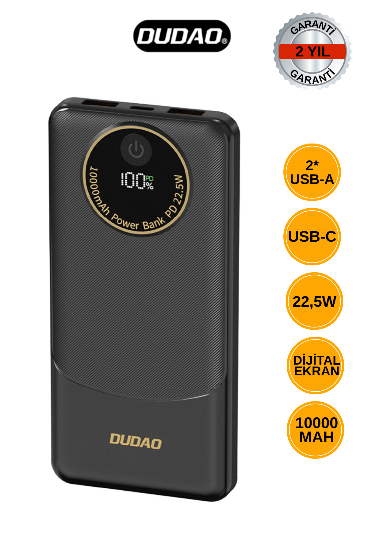 DUDAO K12 10.000 mAh Powerbank 22.5W Hızlı Şarj 2x USB Çıkış ve 1x USB-C Giriş - Siyah