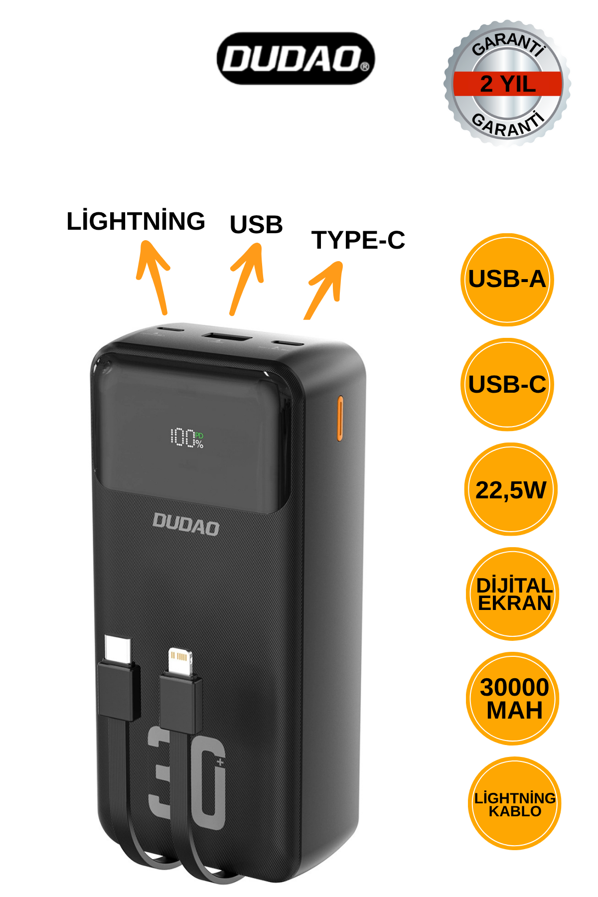 DUDAO K15 MAX 30.000mAh PD 22.5W Hızlı Şarjlı Dahili Kablolu Powerbank - Siyah