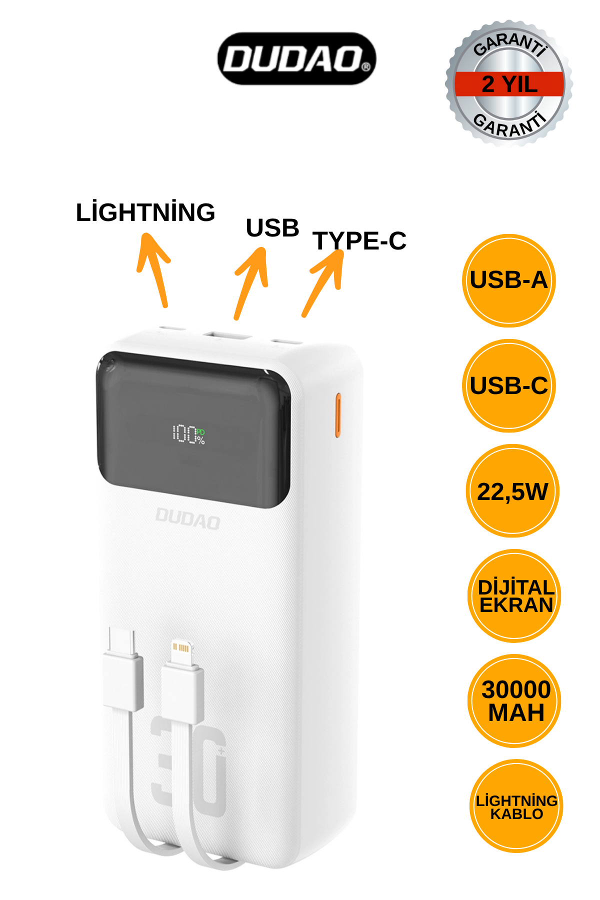 DUDAO K15 MAX 30.000mAh PD 22.5W Hızlı Şarjlı Dahili Kablolu Powerbank - Beyaz
