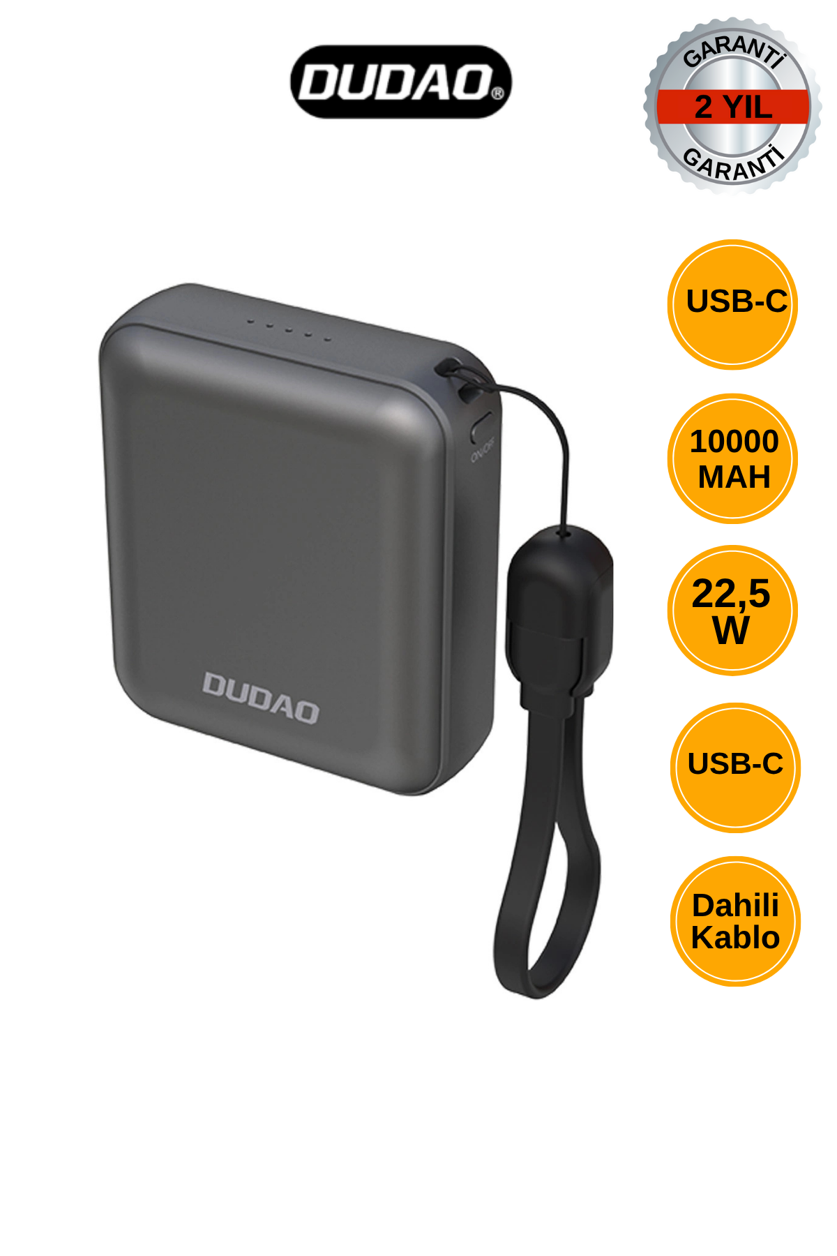 DUDAO K22+ 10.000 mAh 22.5W Hızlı Şarjlı Powerbank Askı Aparatlı Dahili USB-C Kablo - Gri