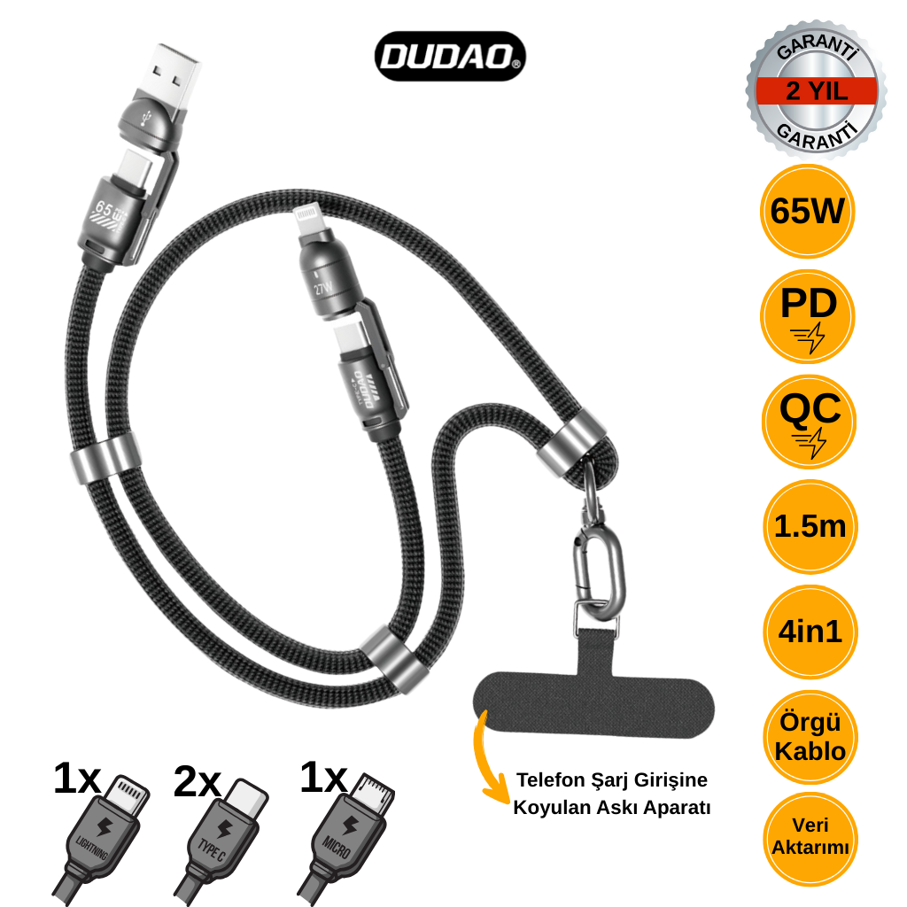 DUDAO L20MAX Askılı 4in1 Çoklu Hızlı Şarj ve Data Kablosu (65W PD/QC, 1.5m, Örgü, Lightning/Type-C/Micro USB)