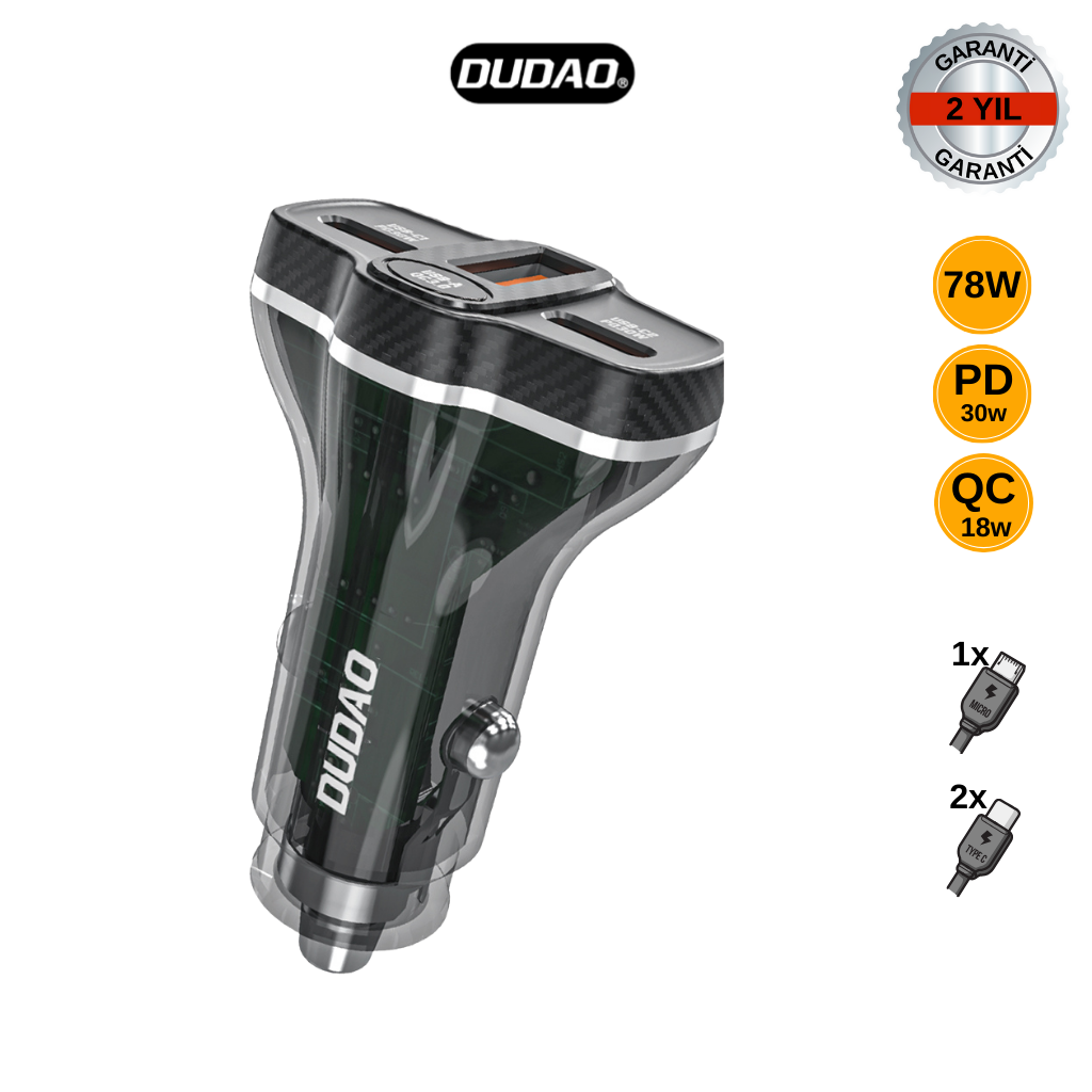 DUAO R78 78W 2 Tane USB-C ve USB-A Çıkışlı Araç Şarj Aleti (PD 30W, QC 18W)