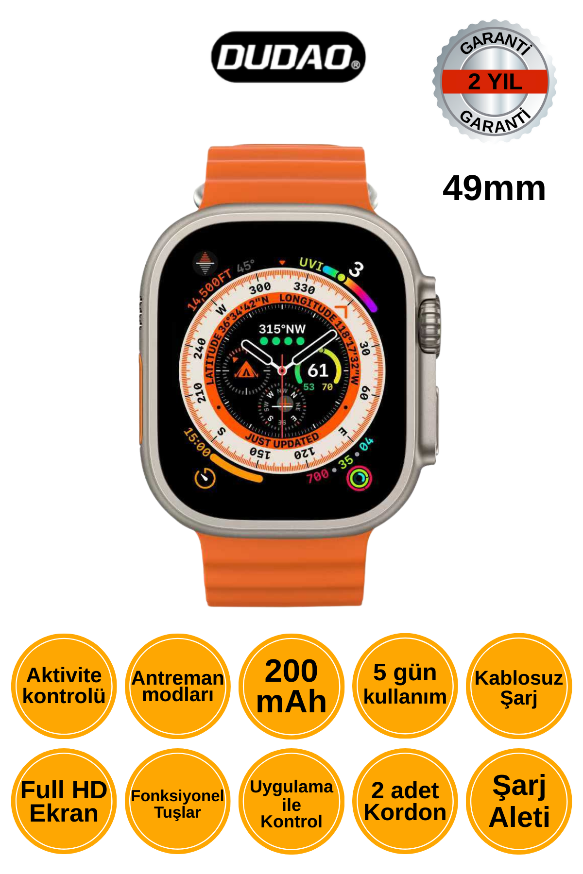 DUDAO 49mm Akıllı Saat Full HD Ekran 200mAh Batarya Kablosuz Şarj 2 Yıl Garantili W36
