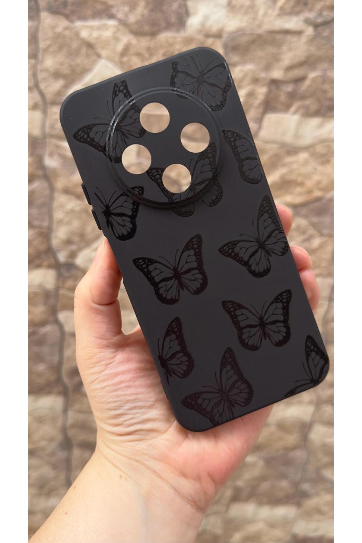 TECNO SPARK 30C Uyumlu Siyah Kelebek Desenli Silikon Darbe Emici Klasik Korumalı Rubber Kılıf