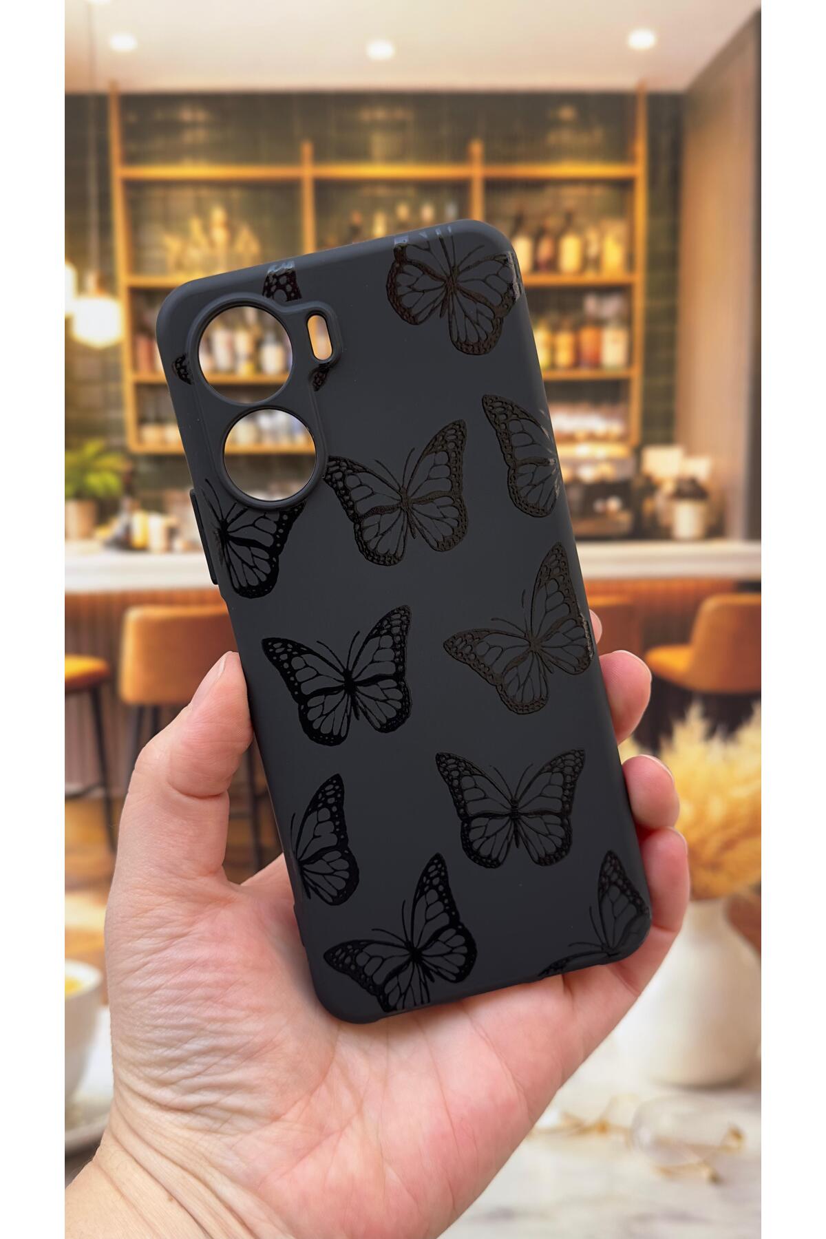 Vivo Y16 Uyumlu Siyah Kelebek Desenli Silikon Darbe Emici Klasik Korumalı Rubber Kılıf