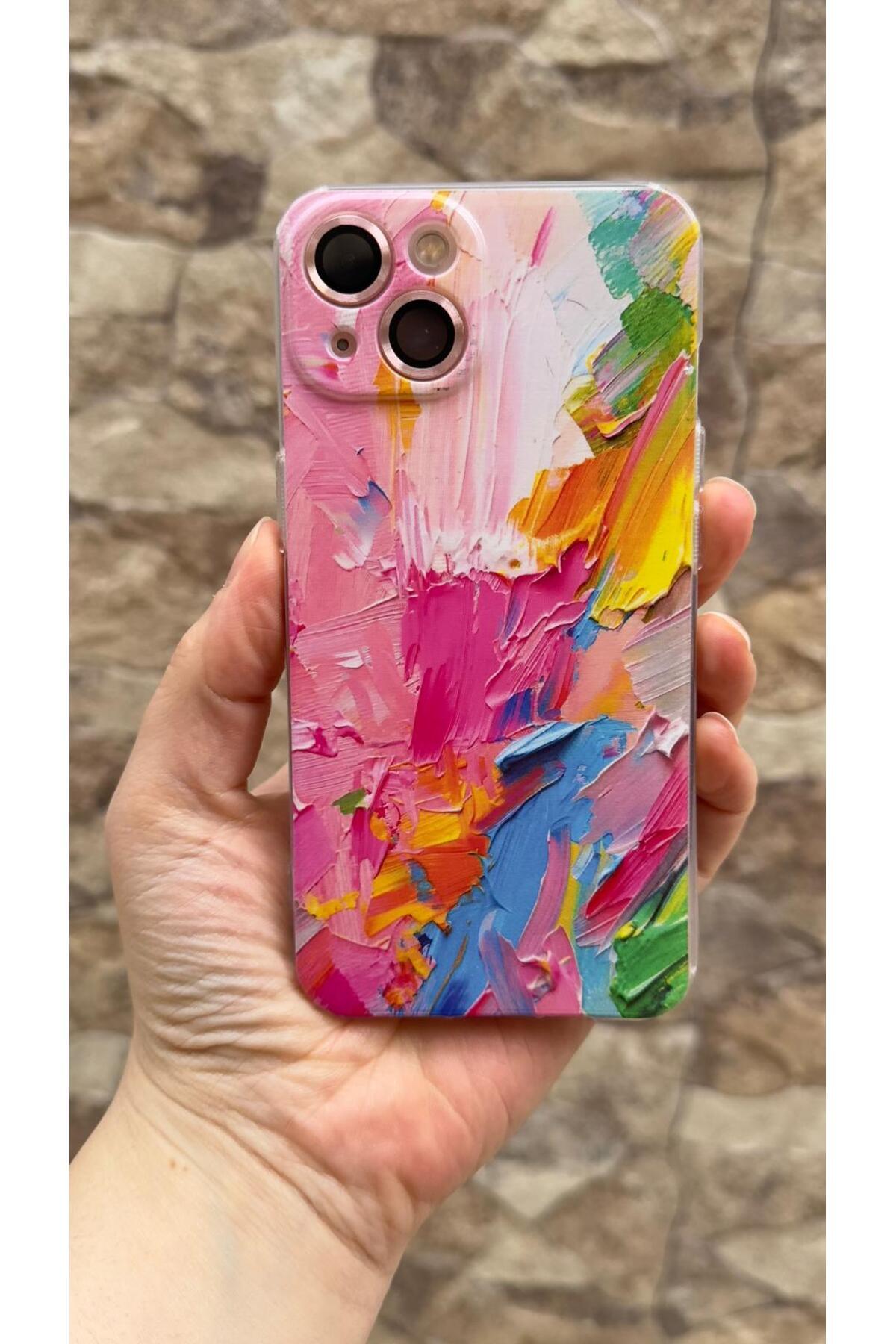 iPhone 13 Uyumlu Renkli Soyut Desenli Şeffaf Darbe Emici Kamera Korumalı Clear Kılıf