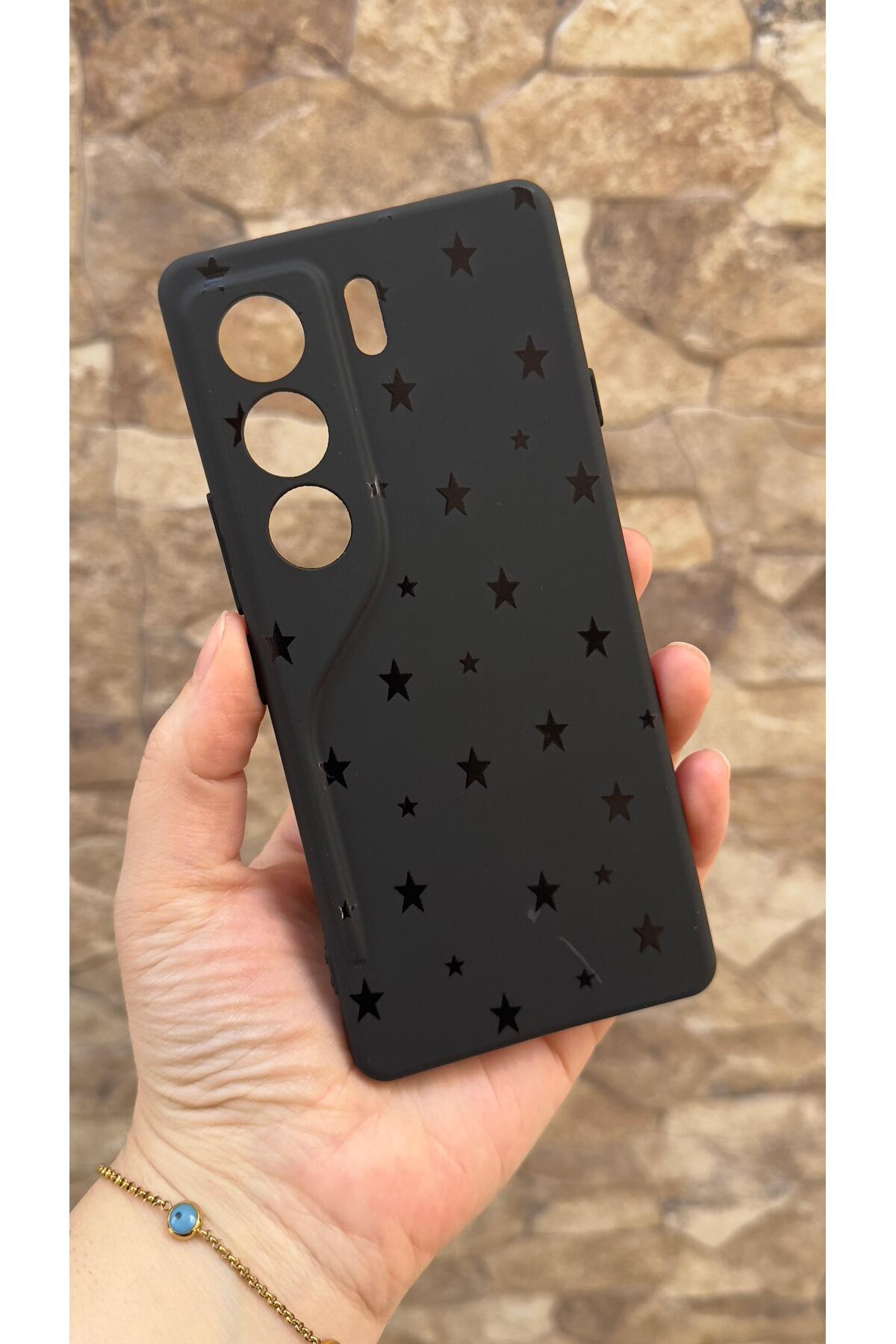 Tecno Camon 40 Pro Uyumlu Mini Siyah Yıldız Desenli Silikon Darbe Emici Klasik Korumalı Rubber Kılıf
