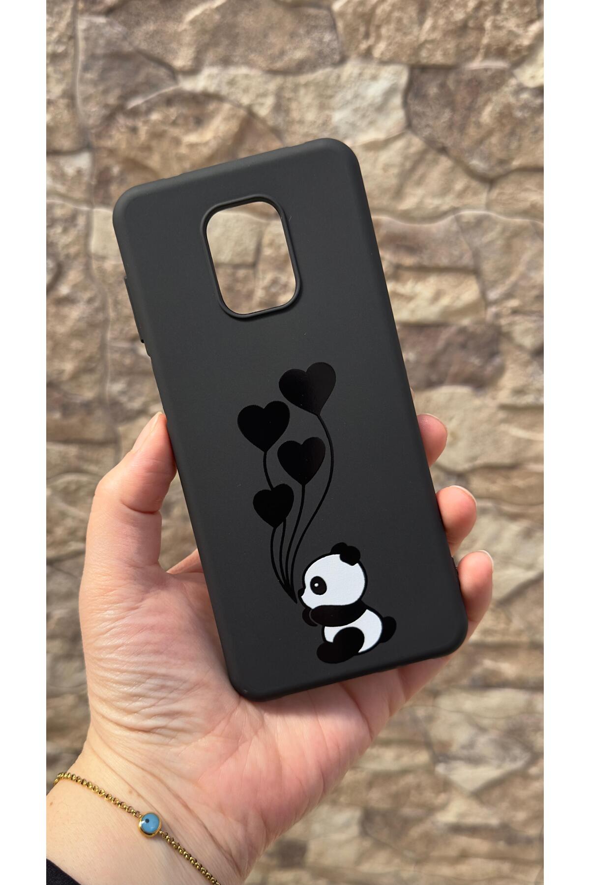 Redmi Note 9 Pro ve 9S Uyumlu Kalpli Panda Desenli Silikon Darbe Emici Klasik Korumalı Rubber Kılıf