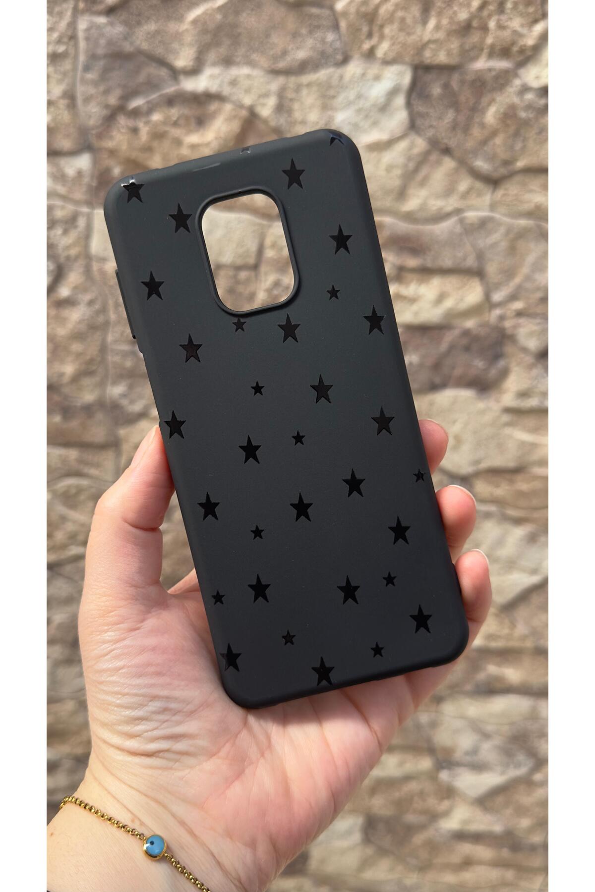 Redmi Note 9 Pro ve 9S Uyumlu Mini Siyah Yıldız Desenli Silikon Darbe Emici Klasik Korumalı Rubber Kılıf