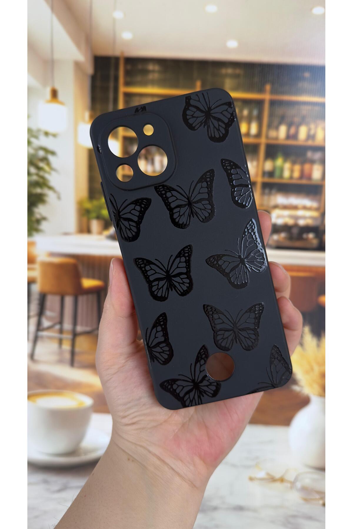 REEDER S23 PRO MAX Uyumlu Siyah Kelebek Desenli Silikon Darbe Emici Klasik Korumalı Rubber Kılıf