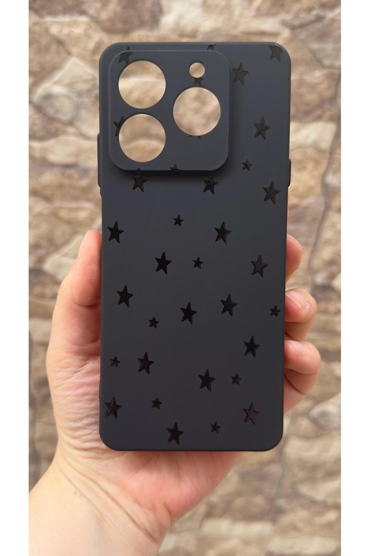 General Mobile Era 50 Uyumlu Mini Siyah Yıldız Desenli Silikon Darbe Emici Klasik Korumalı Rubber Kılıf