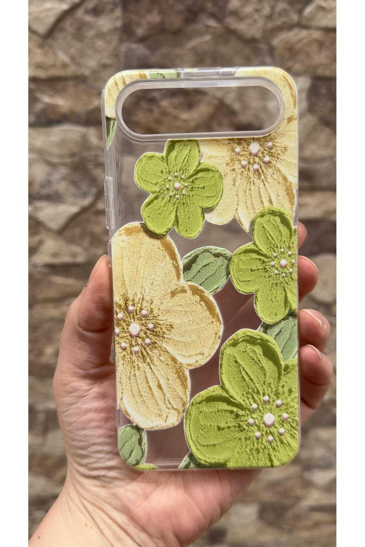 Tecno Spark Slim Uyumlu Yeşil Çiçek Desenli Şeffaf Darbe Emici Kamera Korumalı Clear Kılıf