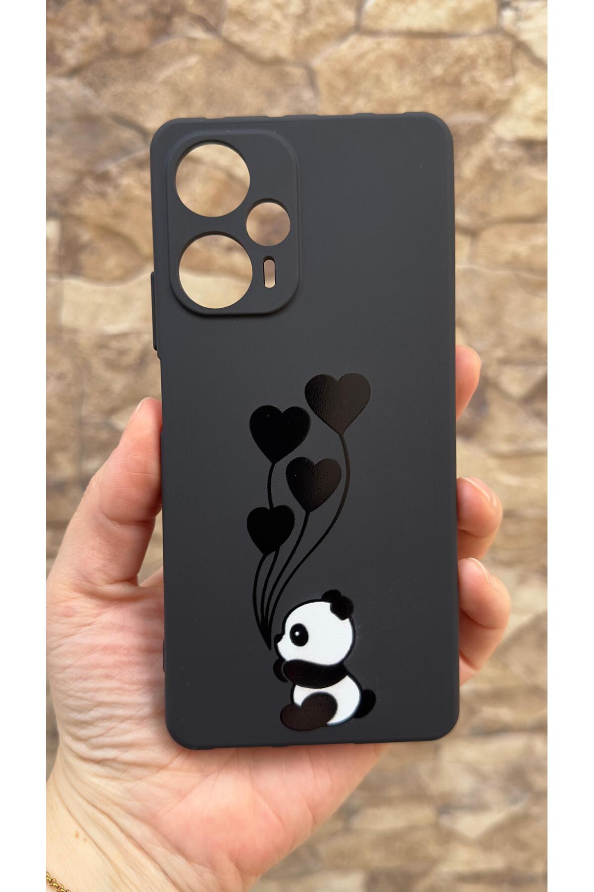 Poco F5 Uyumlu Kalpli Panda Desenli Silikon Darbe Emici Klasik Korumalı Rubber Kılıf