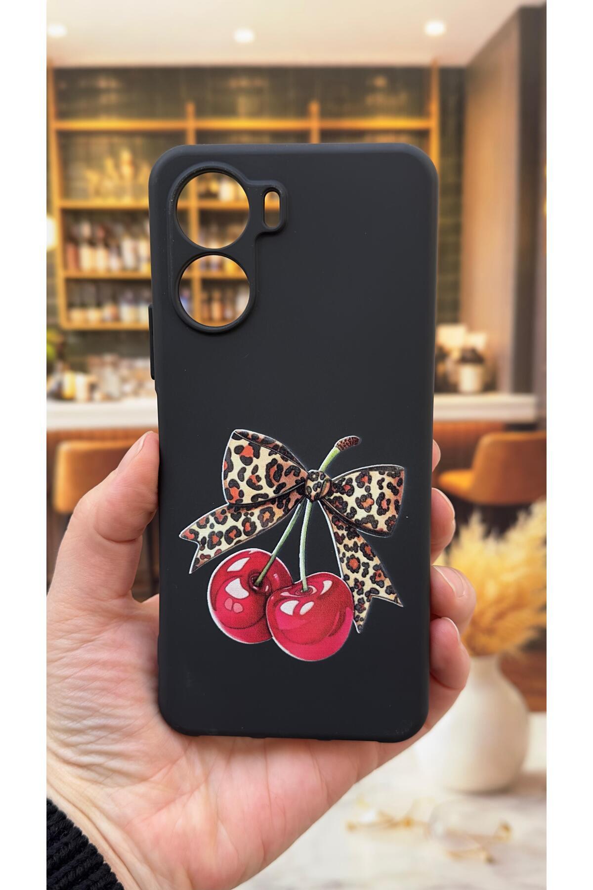Vivo Y16 Uyumlu Kiraz Fiyonk Leopar Desenli Silikon Darbe Emici Klasik Korumalı Rubber Kılıf