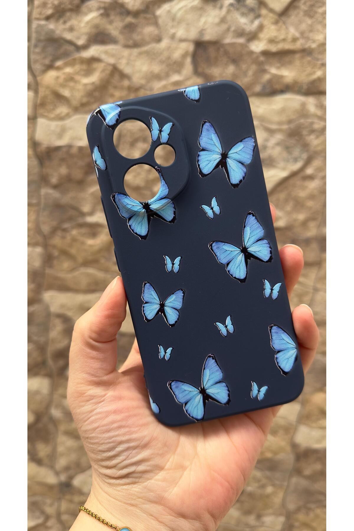 Honor 400 Uyumlu Mavi Kelebek Desenli Silikon Darbe Emici Klasik Korumalı Rubber Kılıf