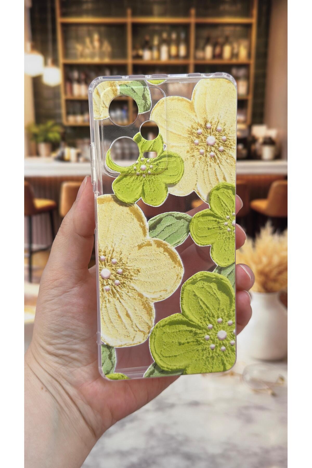 Redmi Note 12 Pro 5G Uyumlu Yeşil Çiçek Desenli Şeffaf Darbe Emici Kamera Korumalı Clear Kılıf