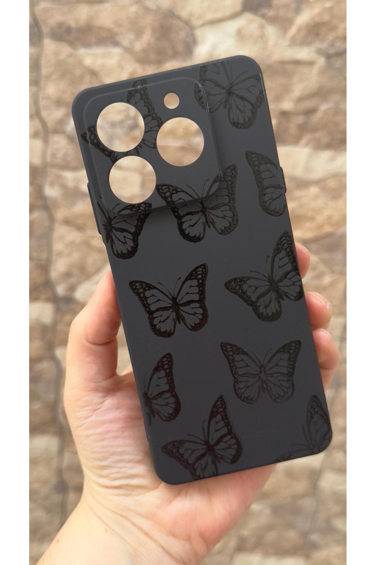 General Mobile Era 50 Uyumlu Siyah Kelebek Desenli Silikon Darbe Emici Klasik Korumalı Rubber Kılıf
