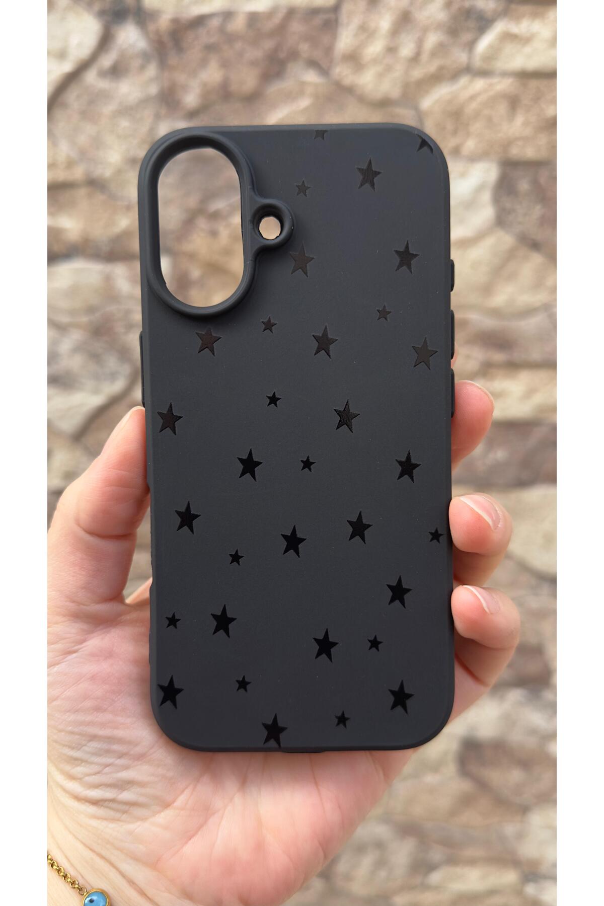 iPhone 16 Uyumlu Mini Siyah Yıldız Desenli Silikon Darbe Emici Klasik Korumalı Rubber Kılıf